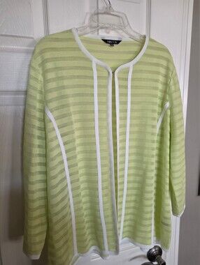 Misook Lime Green and White Striped Knit Cardigan XL